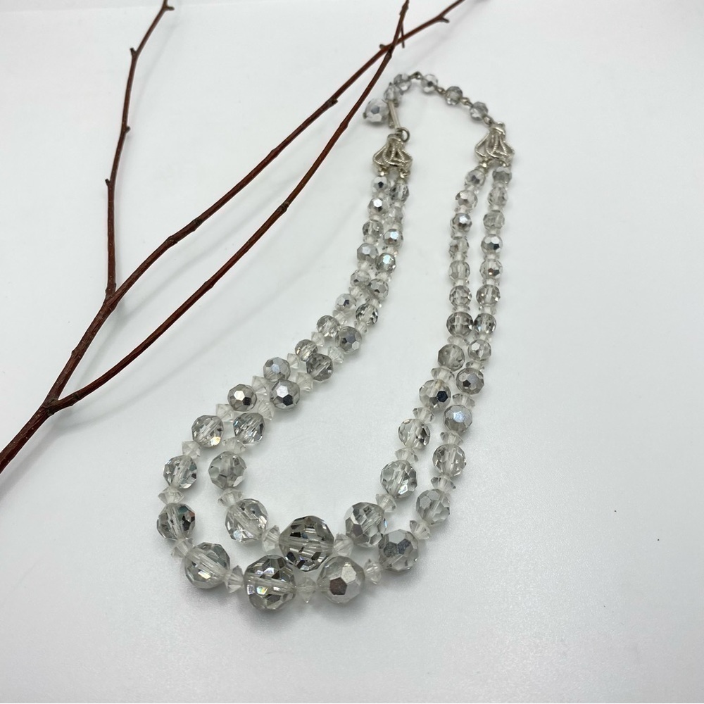 SMOKEY Silver Gray Crystal Beaded 2 Strand Vintage Necklace